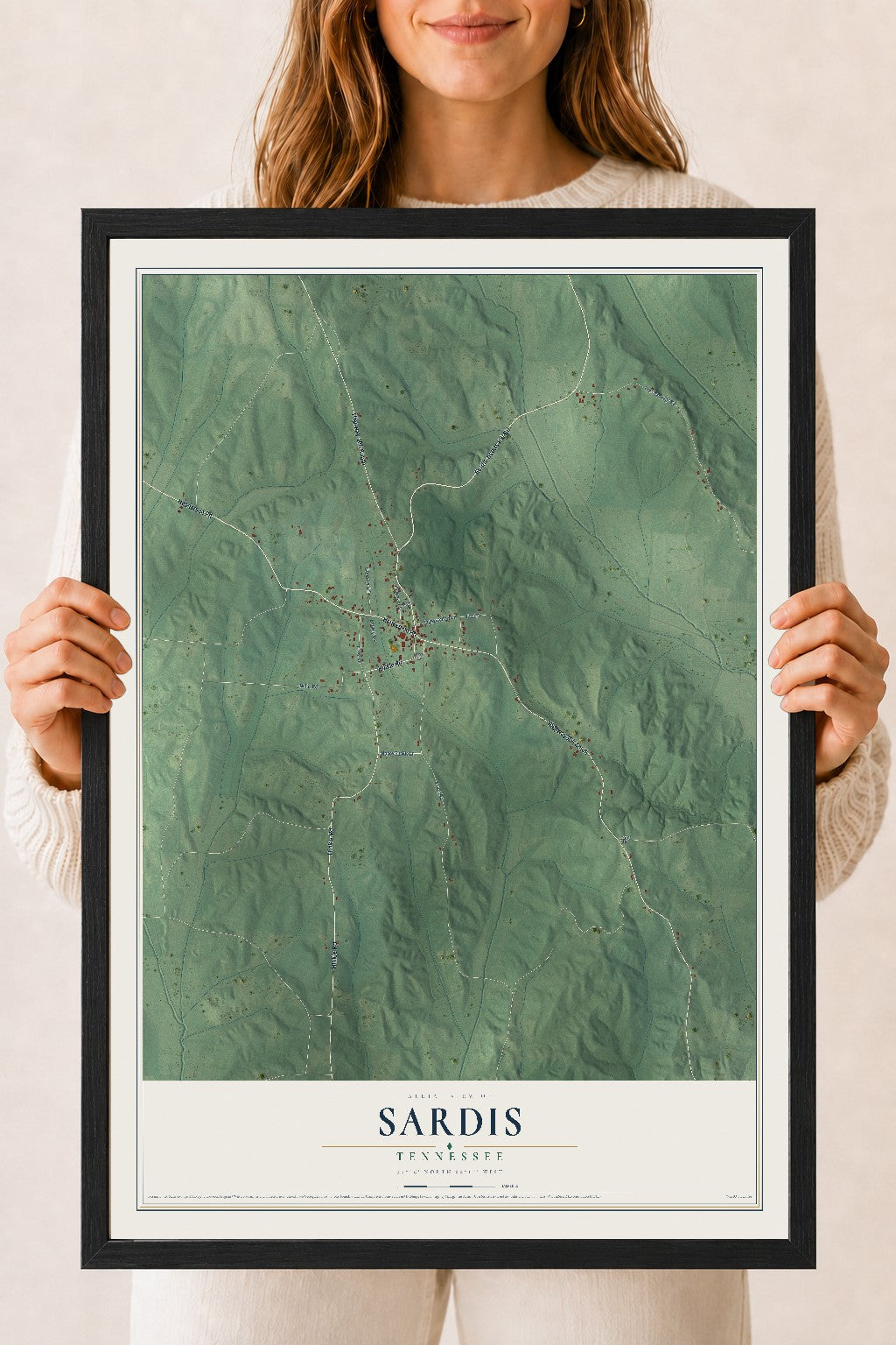 Map of Sardis, Tennessee, 18 x 24 inch print in a black wood frame