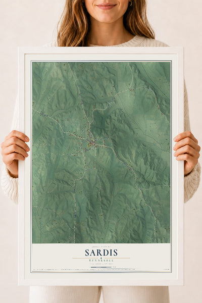 Map of Sardis, Tennessee, 18 x 24 inch print in a white wood frame