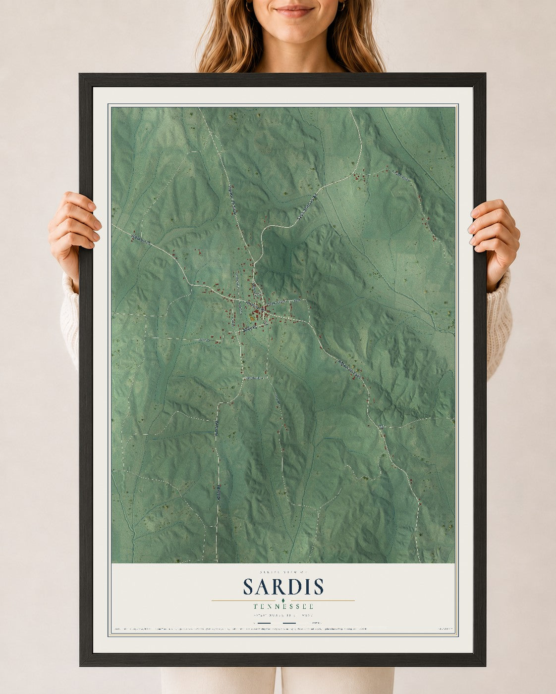 Map of Sardis, Tennessee, 24 x 36 inch print in a black wood frame