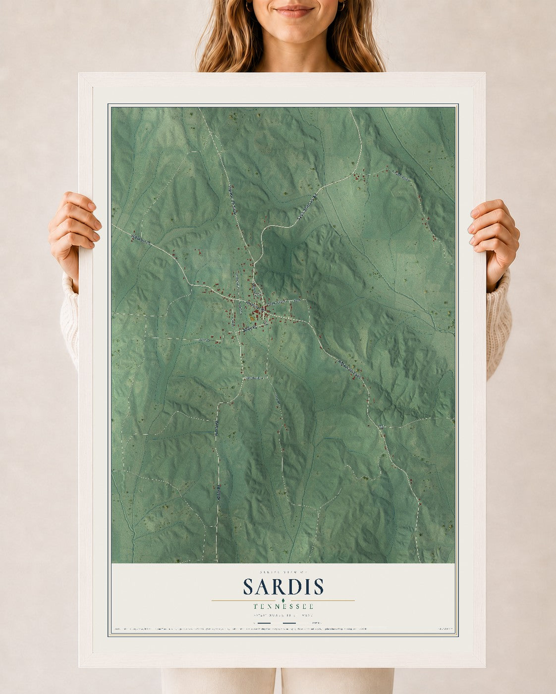 Map of Sardis, Tennessee, 24 x 36 inch print in a white wood frame