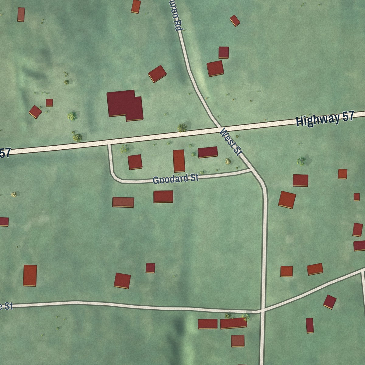 Close-up of the map of Saulsbury, Tennessee print showing street and building detail