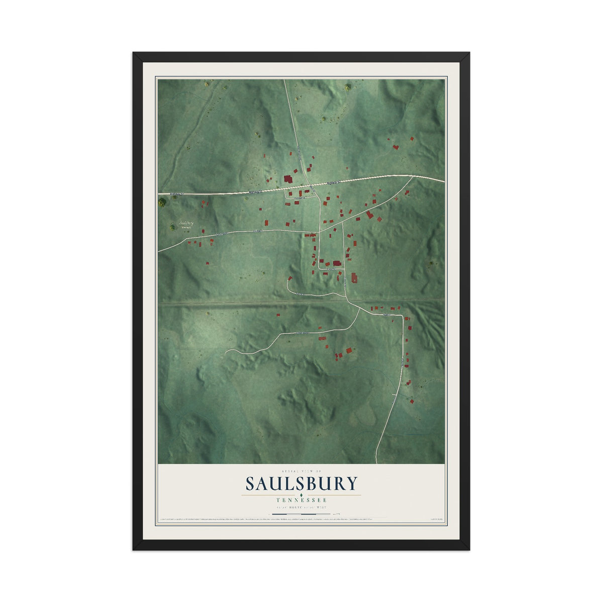 Map of Saulsbury, Tennessee, 12 x 18 inch print in a black wood frame