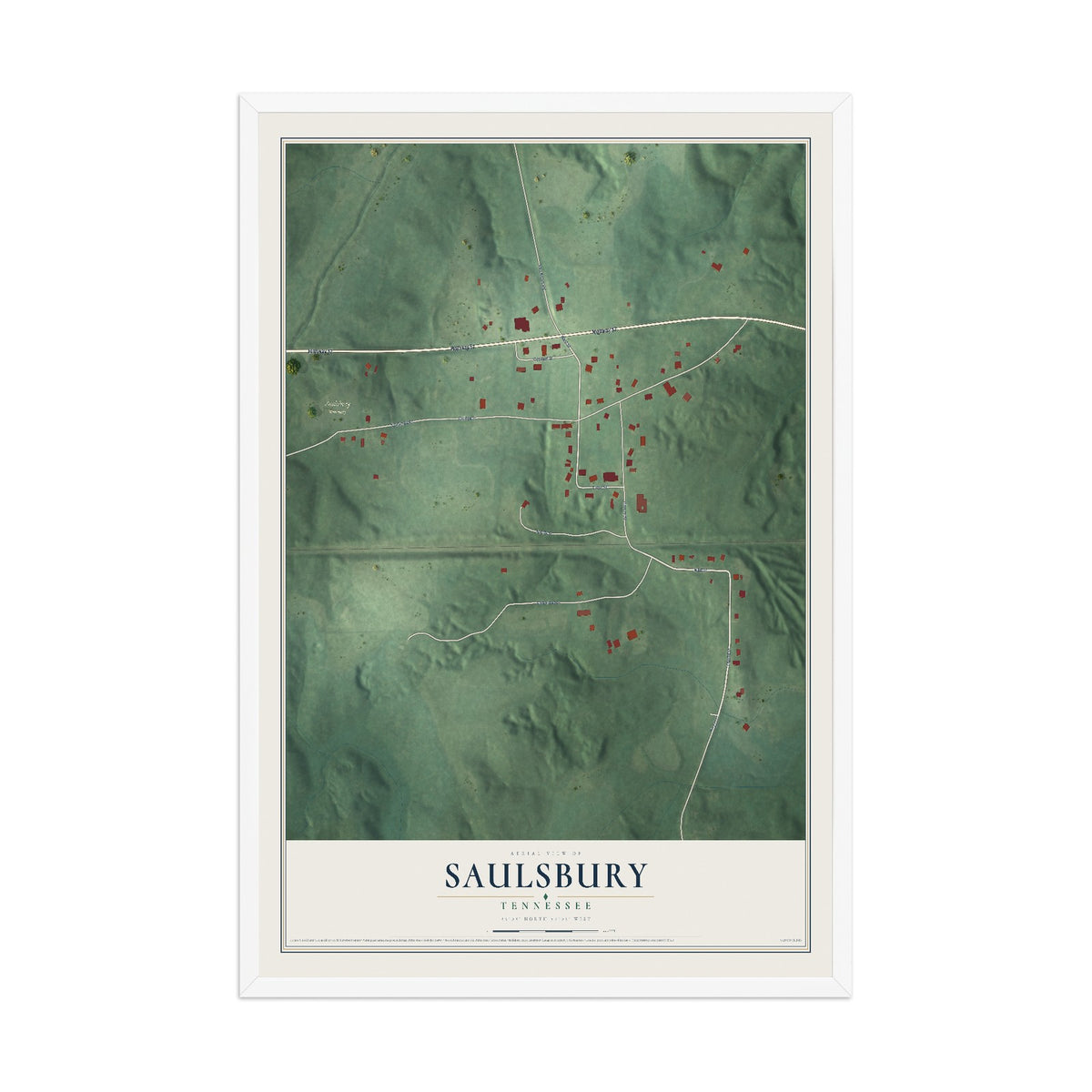 Map of Saulsbury, Tennessee, 12 x 18 inch print in a white wood frame