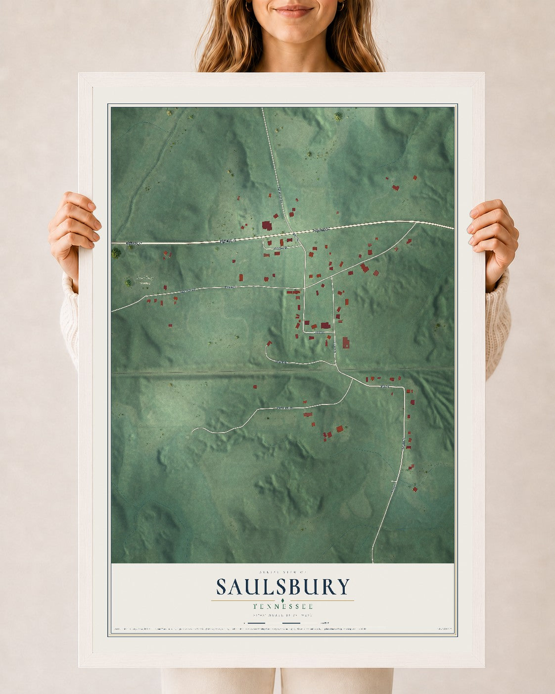 Map of Saulsbury, Tennessee, 24 x 36 inch print in a white wood frame