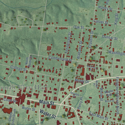 Second close-up of the map of Savannah, Tennessee print showing more streets and buildings