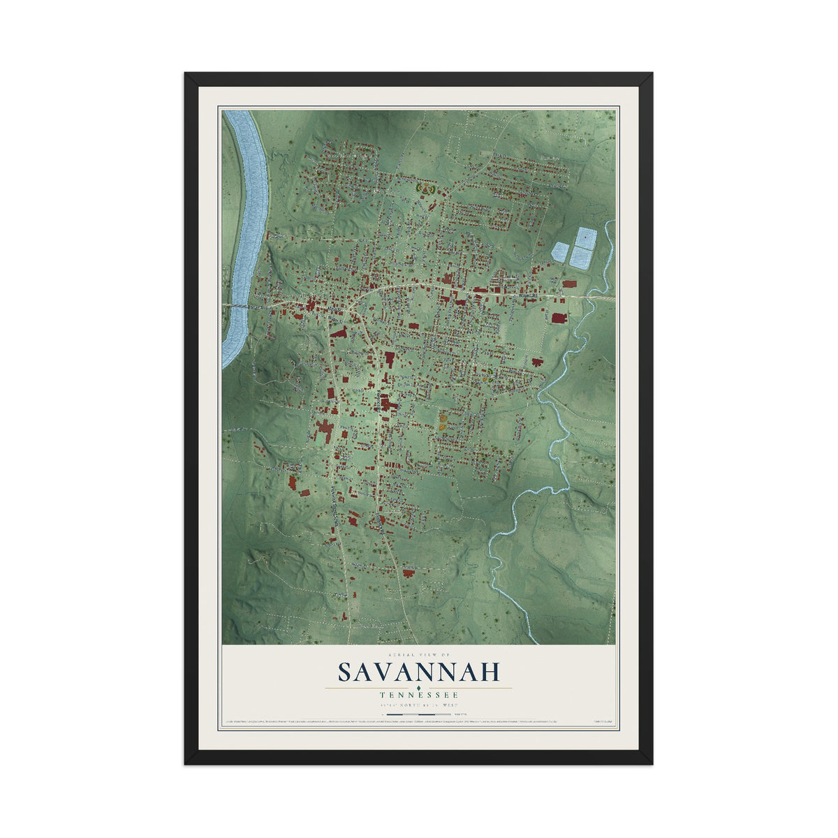 Map of Savannah, Tennessee, 12 x 18 inch print in a black wood frame