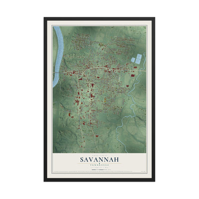 Map of Savannah, Tennessee, 12 x 18 inch print in a black wood frame
