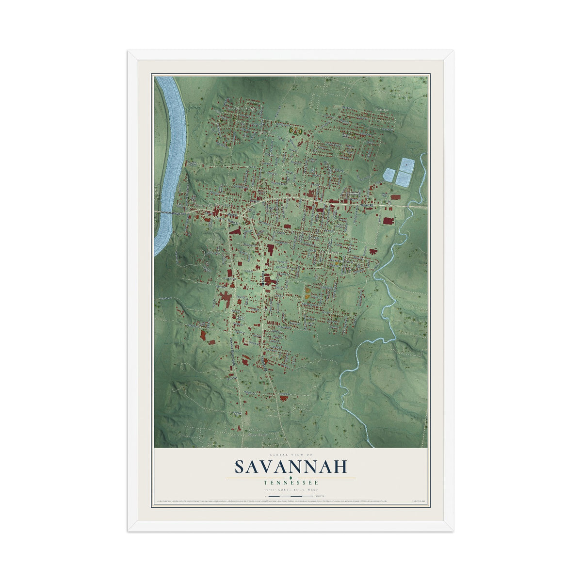 Map of Savannah, Tennessee, 12 x 18 inch print in a white wood frame