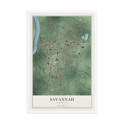 Map of Savannah, Tennessee, 12 x 18 inch print in a white wood frame