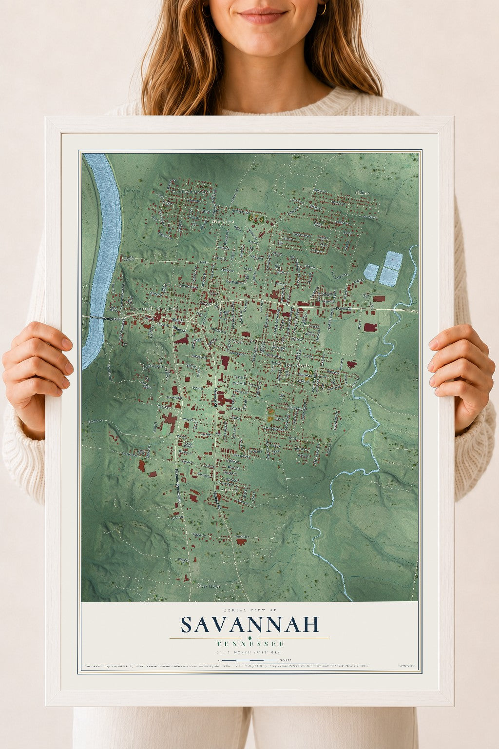 Map of Savannah, Tennessee, 18 x 24 inch print in a white wood frame