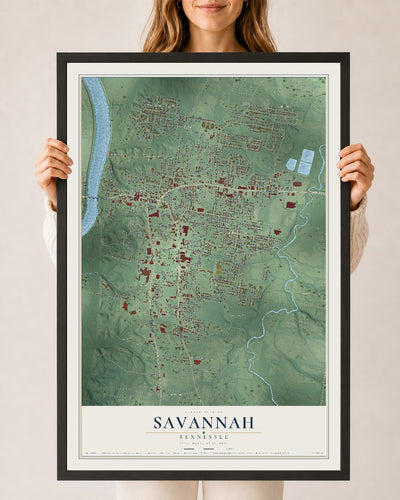 Map of Savannah, Tennessee, 24 x 36 inch print in a black wood frame