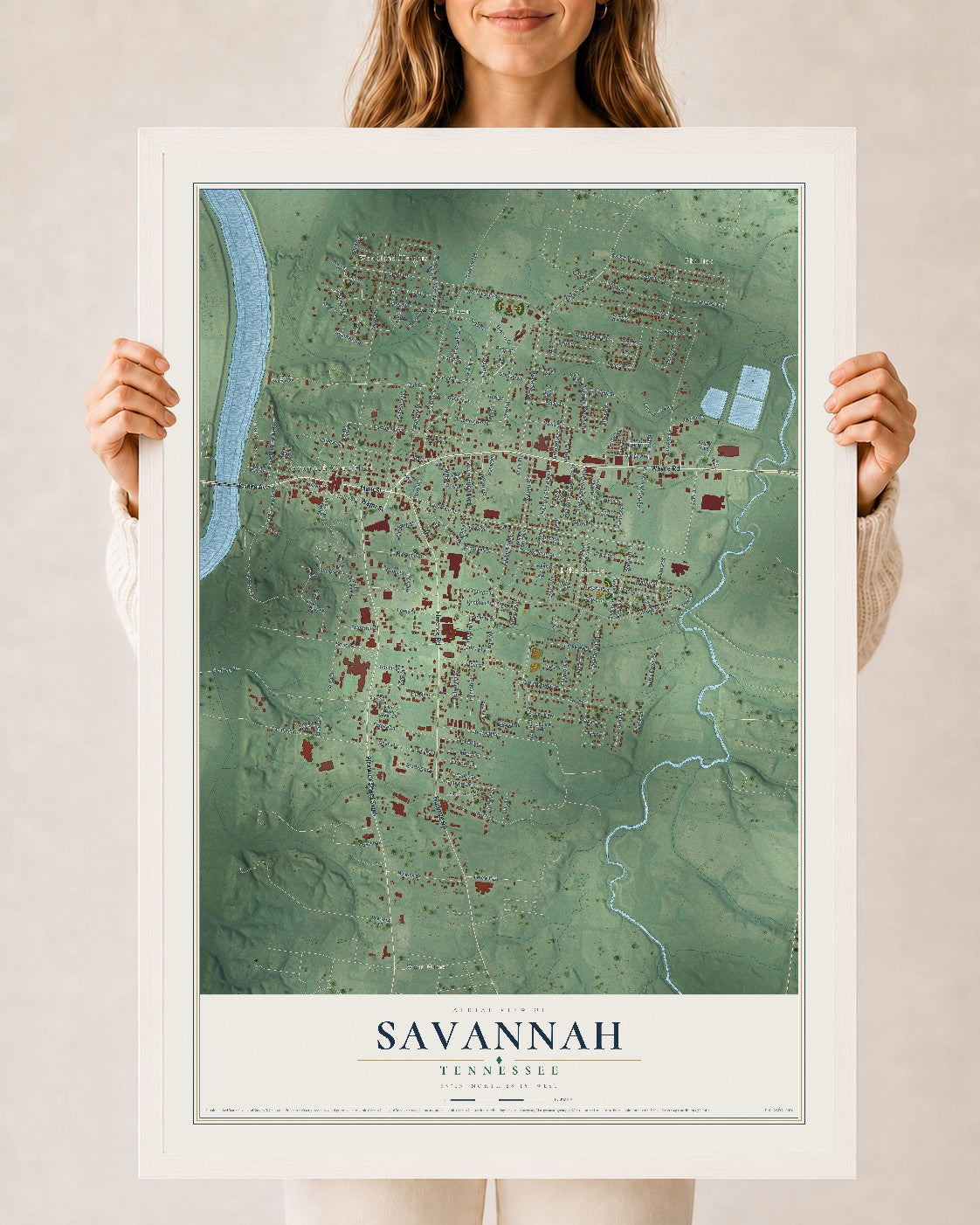Map of Savannah, Tennessee, 24 x 36 inch print in a white wood frame