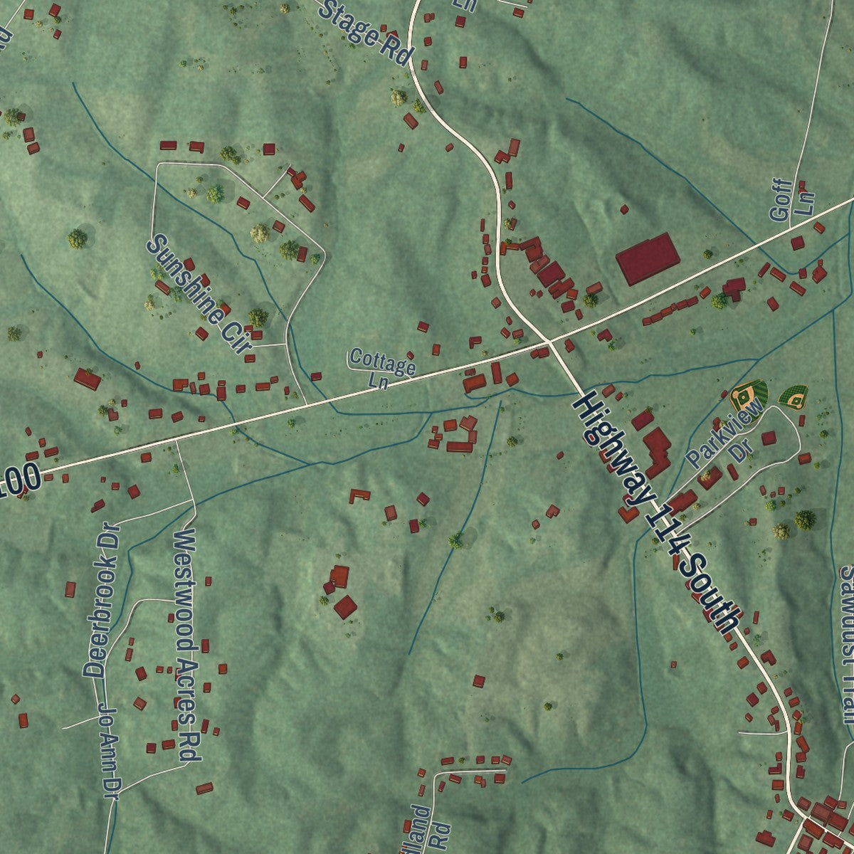 Close-up of the map of Scotts Hill, Tennessee print showing street and building detail
