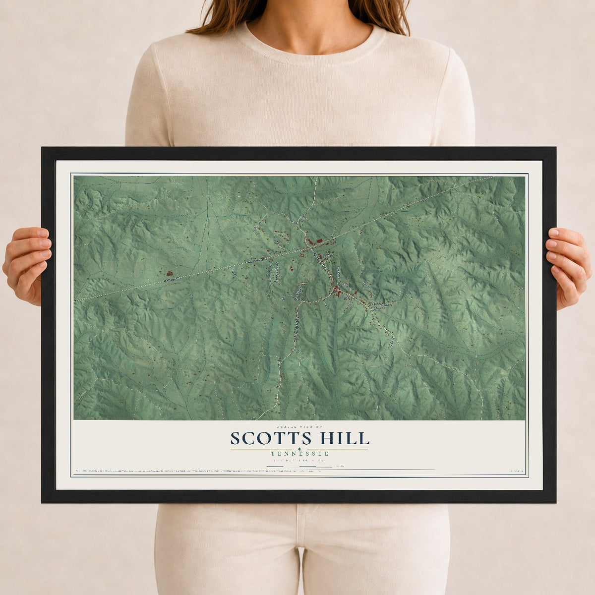 Map of Scotts Hill, Tennessee, 12 x 18 inch print in a black wood frame