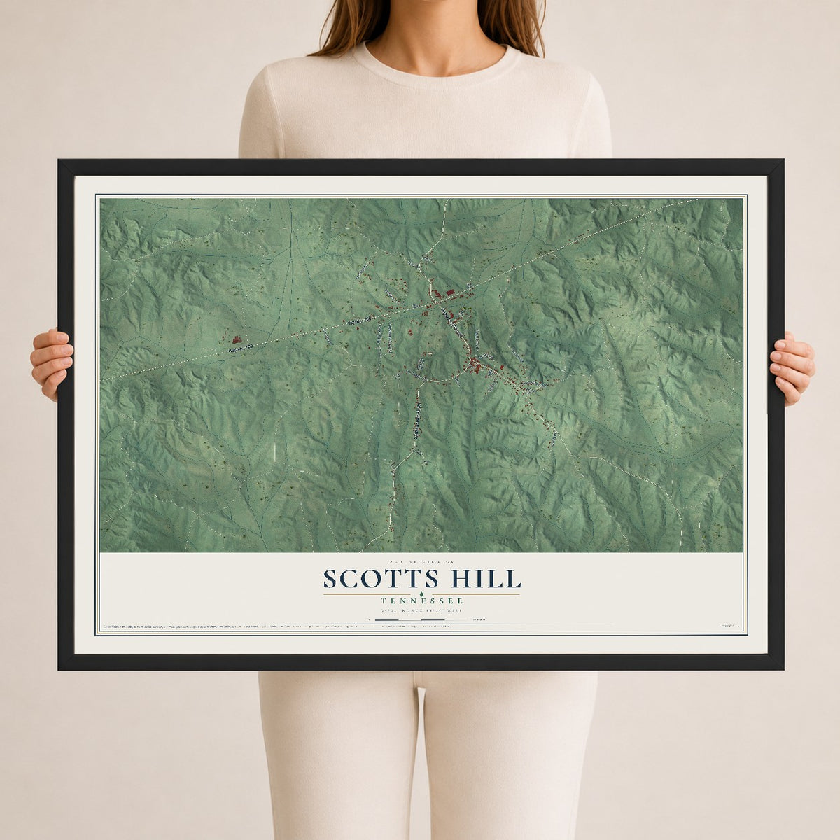Map of Scotts Hill, Tennessee, 24 x 36 inch print in a black wood frame