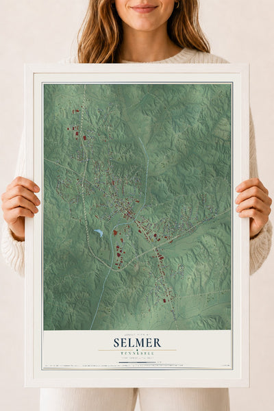 Map of Selmer, Tennessee, 18 x 24 inch print in a white wood frame