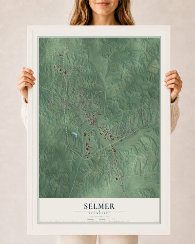 Map of Selmer, Tennessee, 24 x 36 inch print in a white wood frame