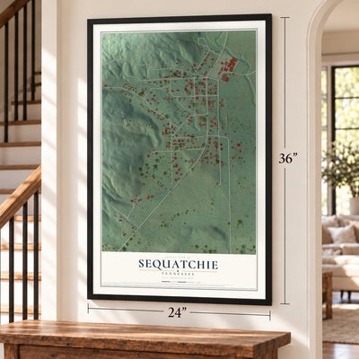 Sequatchie, Tennessee map, 24 x 36 inch print in a black frame by a staircase
