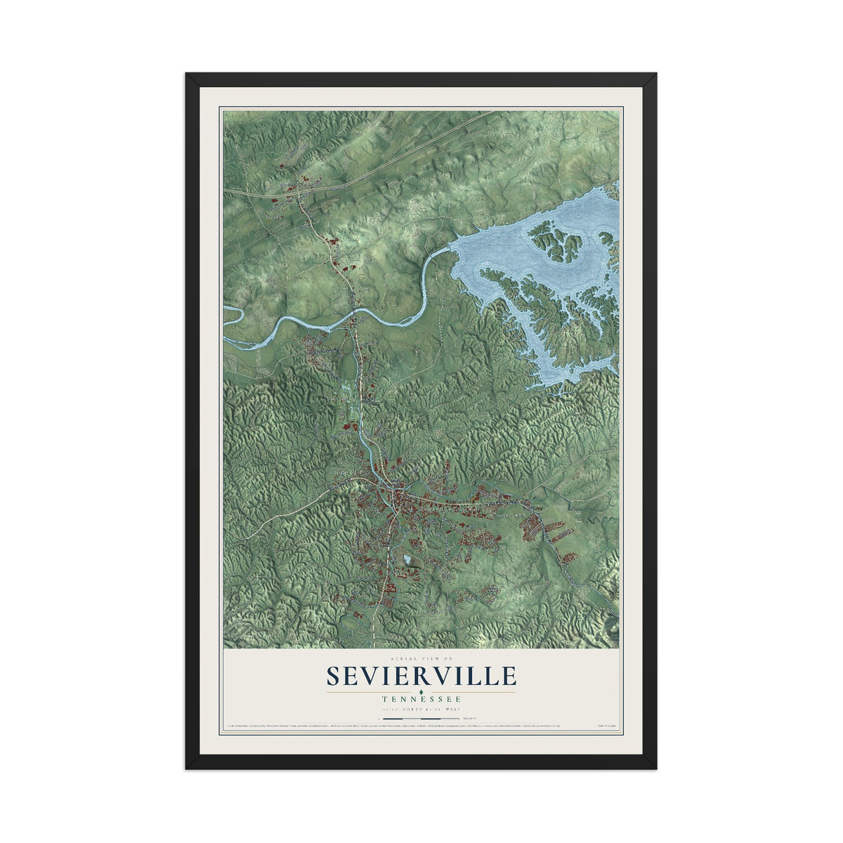 Map of Sevierville, Tennessee, 12 x 18 inch print in a black wood frame