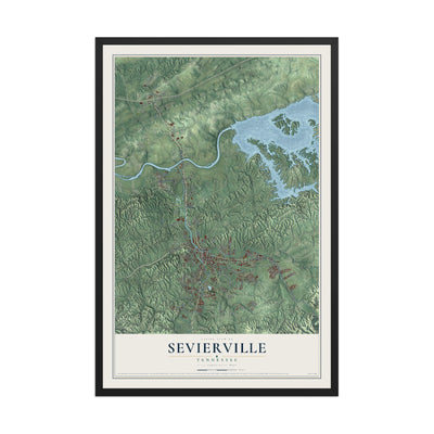 Map of Sevierville, Tennessee, 12 x 18 inch print in a black wood frame
