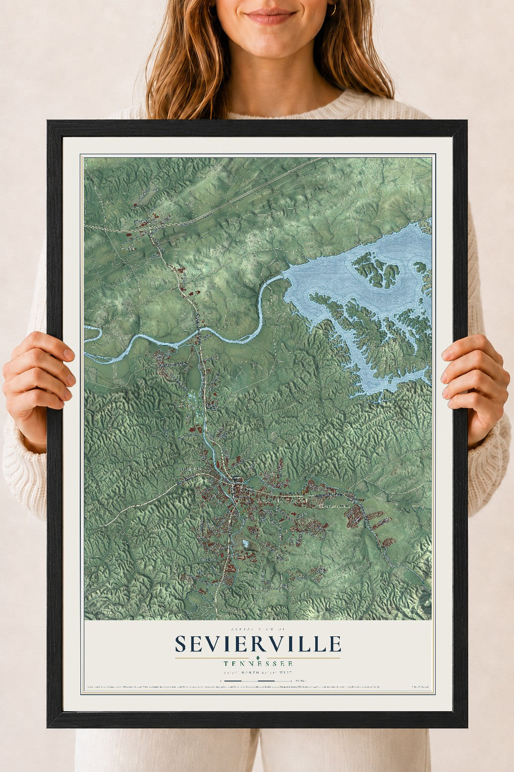 Map of Sevierville, Tennessee, 18 x 24 inch print in a black wood frame
