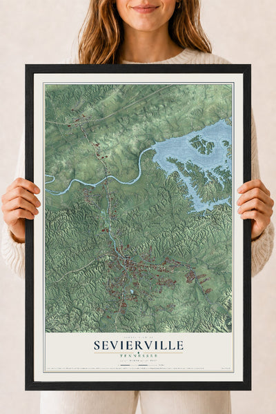 Map of Sevierville, Tennessee, 18 x 24 inch print in a black wood frame