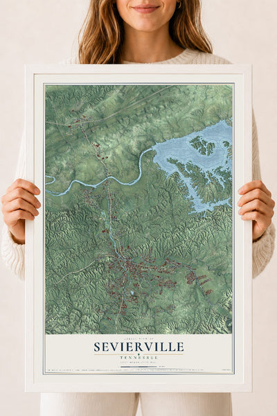 Map of Sevierville, Tennessee, 18 x 24 inch print in a white wood frame