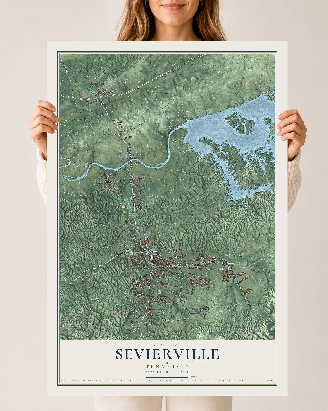 Map of Sevierville, Tennessee, 24 x 36 inch unframed archival matte print