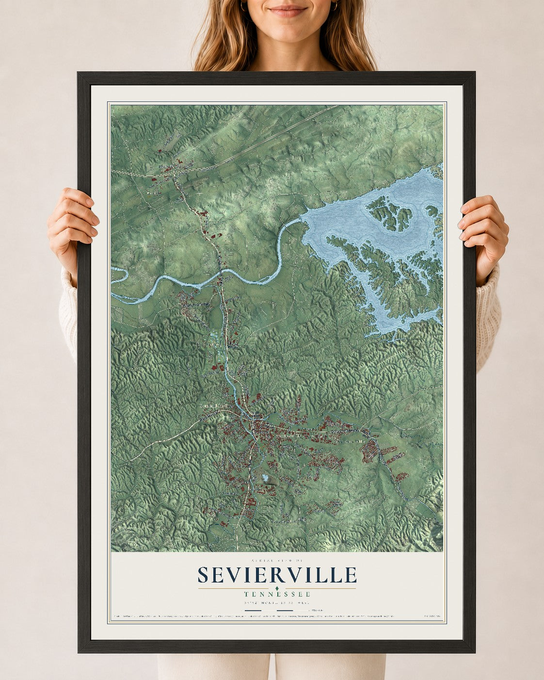 Map of Sevierville, Tennessee, 24 x 36 inch print in a black wood frame