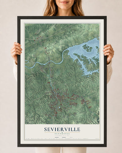 Map of Sevierville, Tennessee, 24 x 36 inch print in a black wood frame