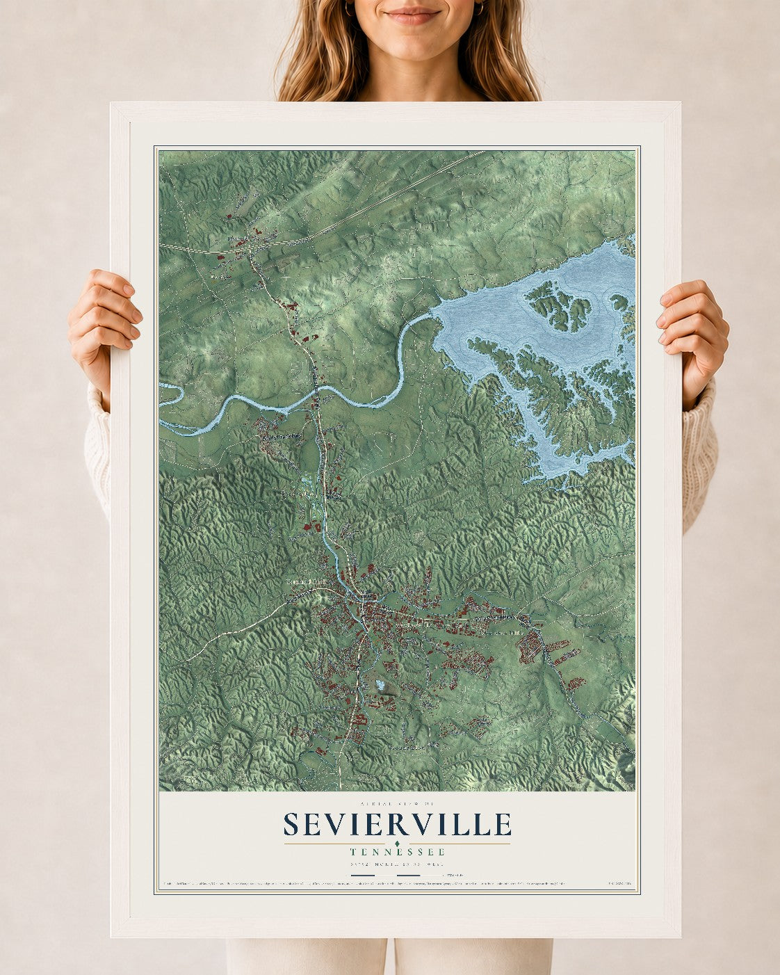 Map of Sevierville, Tennessee, 24 x 36 inch print in a white wood frame