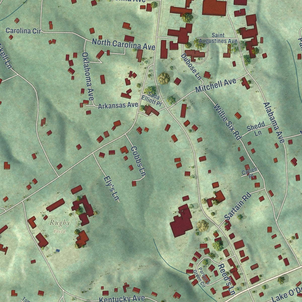 Close-up of the map of Sewanee, Tennessee print showing street and building detail