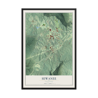 Map of Sewanee, Tennessee, 12 x 18 inch print in a black wood frame