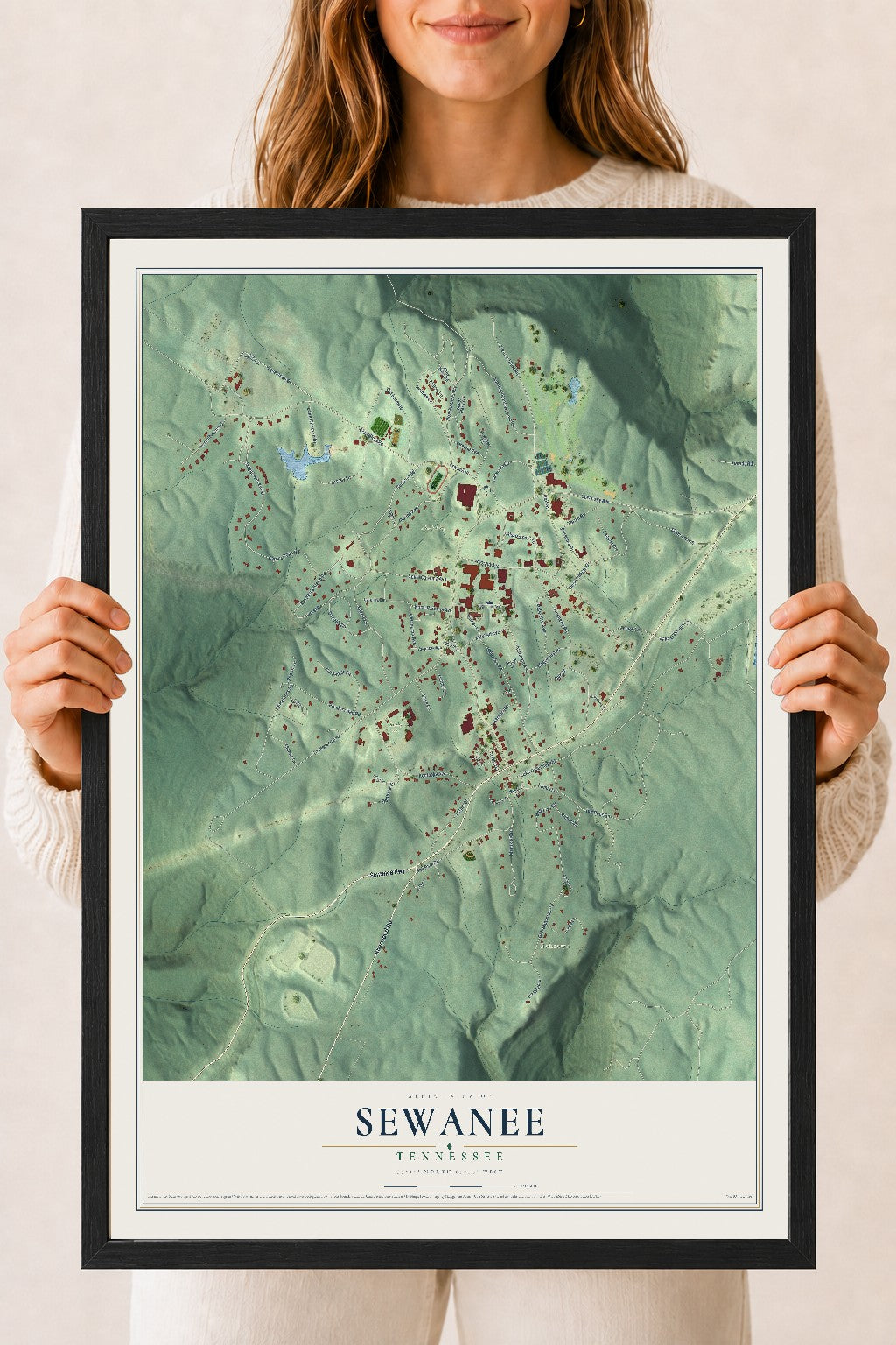 Map of Sewanee, Tennessee, 18 x 24 inch print in a black wood frame