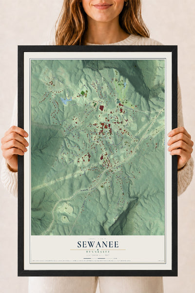Map of Sewanee, Tennessee, 18 x 24 inch print in a black wood frame