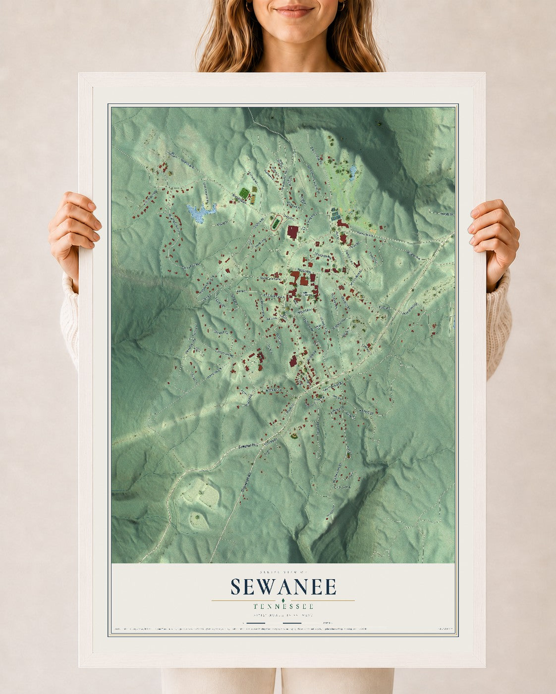 Map of Sewanee, Tennessee, 24 x 36 inch print in a white wood frame