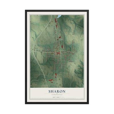 Map of Sharon, Tennessee, 12 x 18 inch print in a black wood frame