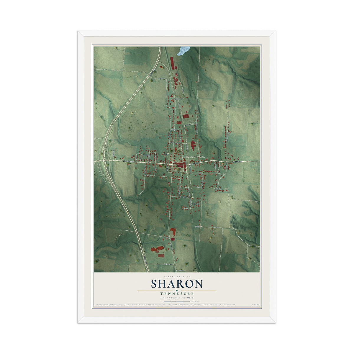 Map of Sharon, Tennessee, 12 x 18 inch print in a white wood frame