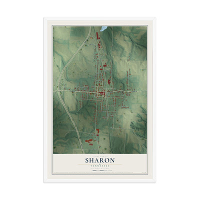 Map of Sharon, Tennessee, 12 x 18 inch print in a white wood frame