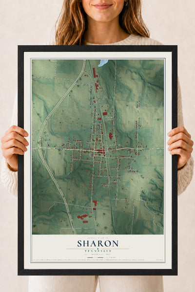 Map of Sharon, Tennessee, 18 x 24 inch print in a black wood frame