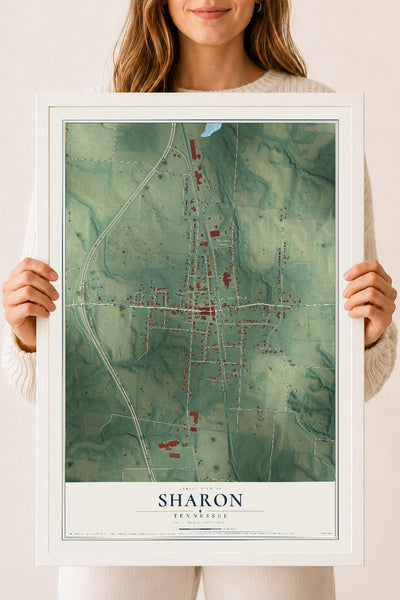 Map of Sharon, Tennessee, 18 x 24 inch print in a white wood frame