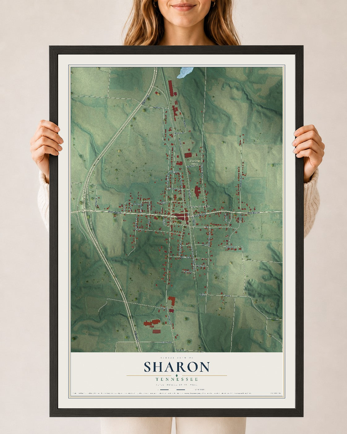 Map of Sharon, Tennessee, 24 x 36 inch print in a black wood frame