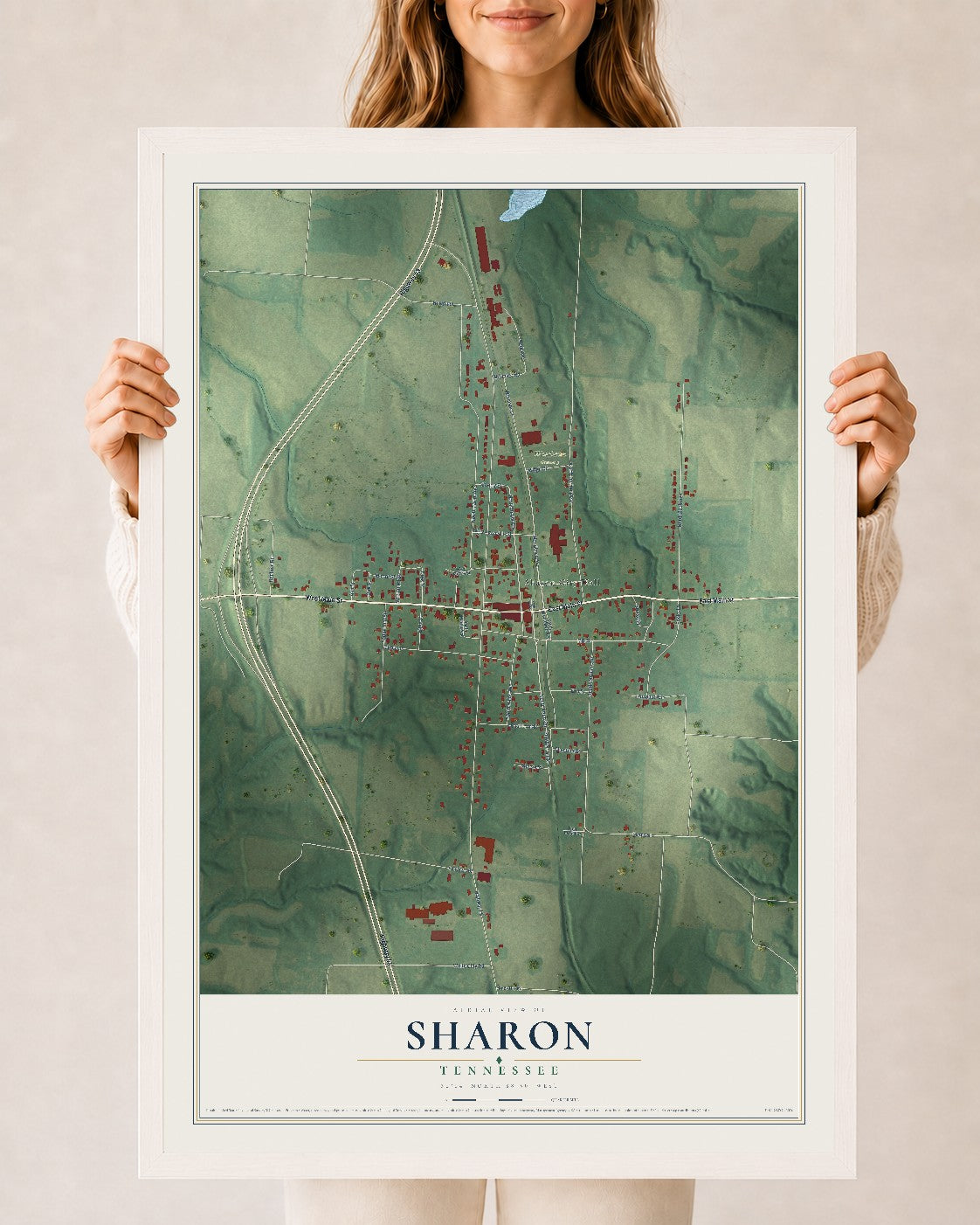 Map of Sharon, Tennessee, 24 x 36 inch print in a white wood frame