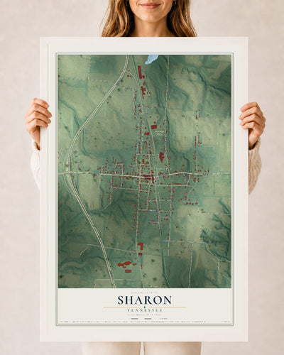 Map of Sharon, Tennessee, 24 x 36 inch print in a white wood frame
