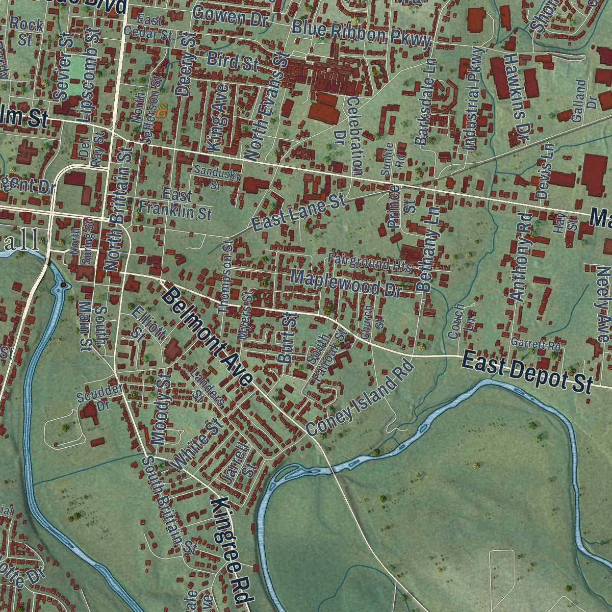 Close-up of the map of Shelbyville, Tennessee print showing street and building detail