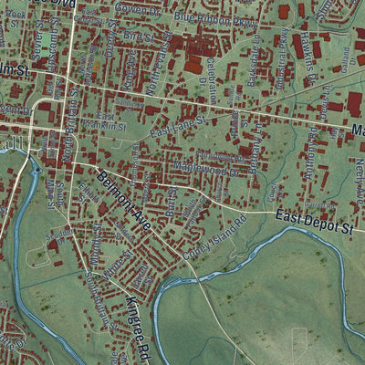 Close-up of the map of Shelbyville, Tennessee print showing street and building detail
