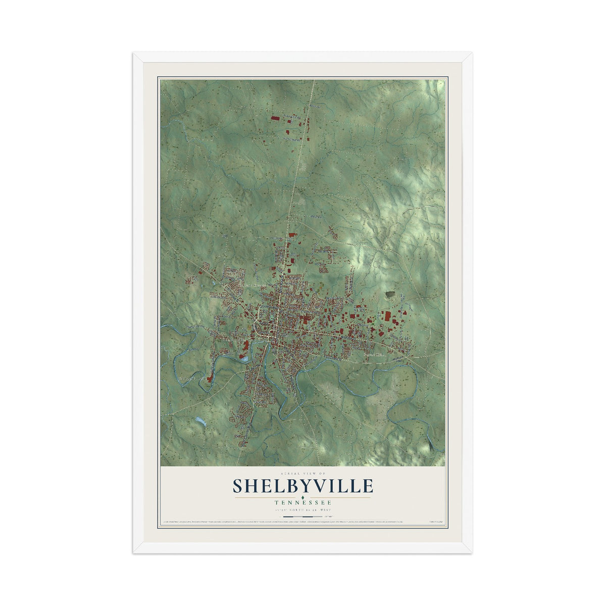 Map of Shelbyville, Tennessee, 12 x 18 inch print in a white wood frame