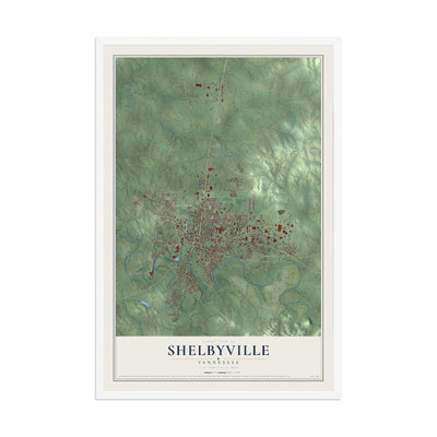 Map of Shelbyville, Tennessee, 12 x 18 inch print in a white wood frame