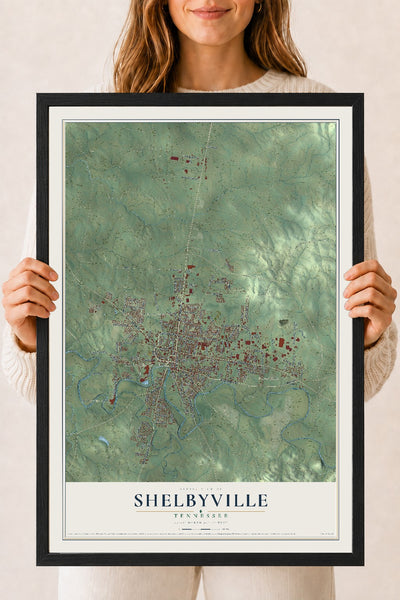 Map of Shelbyville, Tennessee, 18 x 24 inch print in a black wood frame