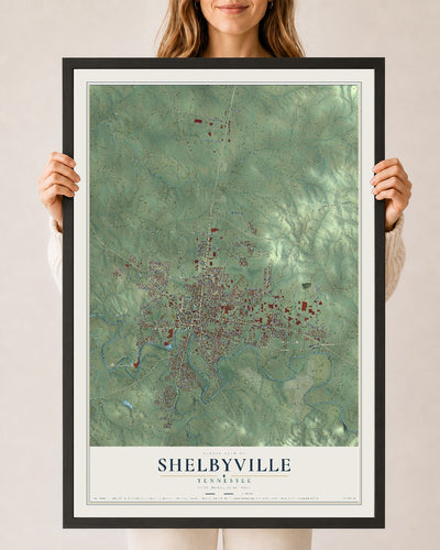 Map of Shelbyville, Tennessee, 24 x 36 inch print in a black wood frame